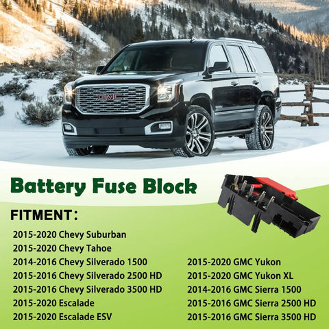 Heavy Duty Battery Distribution Fuse Block Direct Bolt On Replacement For 2014 2020 Chevy Suburban Silverado Tahoe Gmc Yukon Sierra Escalade Rock Solid Plug And Play Electrical Power Junction Box Assembly in front of GMC vehicle.
