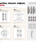 Montage instructions for Sleek Concealed Door Hinges In Satin Nickel Finish Featuring A Zero Gap Flush Mount Design.