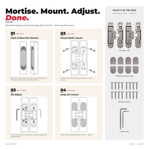 Montage instructions for Sleek Concealed Door Hinges In Satin Nickel Finish Featuring A Zero Gap Flush Mount Design.