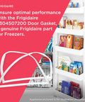 5304507200 Door Gasket for Freezers White Replacement Seal shown beside open freezer door with food shelves.