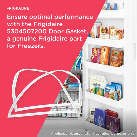 5304507200 Door Gasket for Freezers White Replacement Seal shown beside open freezer door with food shelves.