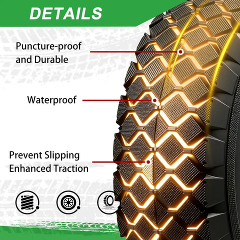 Close-up of Rugged 4.10/3.50-4 Tire With Inner Tube highlighting puncture-proof material and tread for enhanced traction