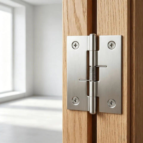 Close-up of Set Of Four 2 Inch Stainless Steel Spring Hinges Self Closing for doors, mounted on wood, showcasing spring mechanism.