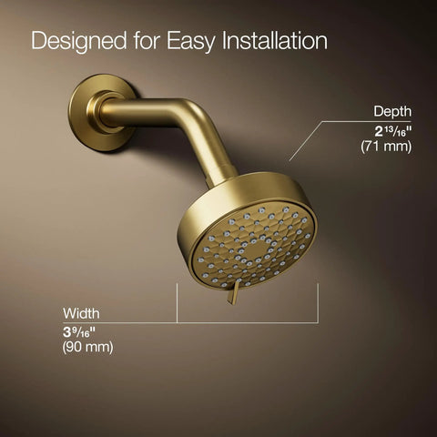Awaken G90 Multifunction Showerhead in gold finish with easy installation details, showcasing contemporary geometric design.