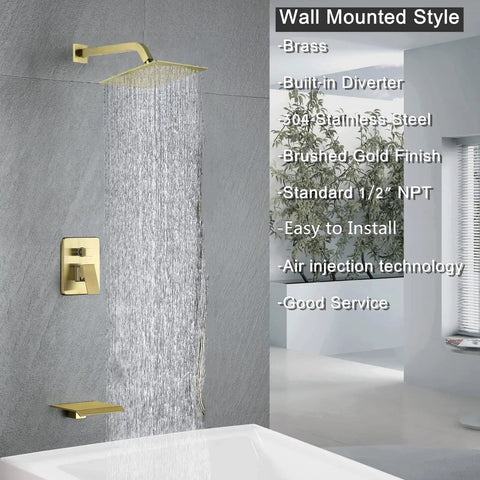 Upgrade Your Bath With A Dope Brushed Gold Tub And Shower Faucet Set, 10-Inch Rain Shower Head flowing in modern bathroom