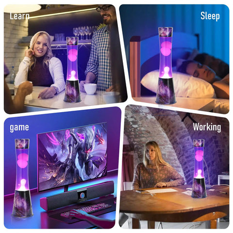 16 Inch Magma Lamp Liquid Motion Galaxy Design with Colormax White Wax in Purple Liquid Decal Base in various room settings