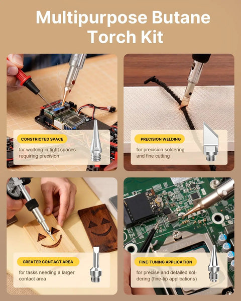 Collage of uses for multipurpose butane torch kit in soldering, welding, and fine applications with various tools.