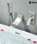 Wall Mounted Tub Filler Faucet With Hand Shower In Brushed Nickel, Waterfall Bathtub Faucet, gray tile wall background