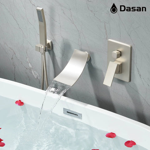 Wall Mounted Tub Filler Faucet With Hand Shower In Brushed Nickel, Waterfall Bathtub Faucet, gray tile wall background
