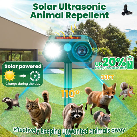 No-Hassle 4 Pack Ultrasonic Animal Repellent With PIR Motion Sensor And LED Lights For Outdoor Yard And Garden Waterproof Deterrent For Deer Cats Dogs Squirrels Raccoons Rabbits Skunks And More, solar post view