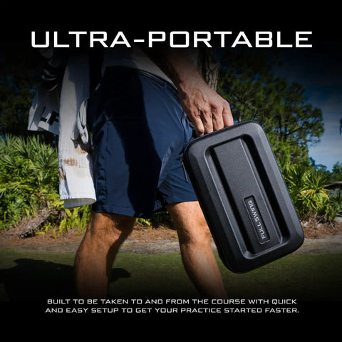 Person carrying Portable Golf Launch Monitor And Simulator With 5D AI Radar, 4K Camera And OLED Display in a protective case outdoors.