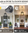 Straight Up Heavy Duty Outdoor Pendant Light With Automatic Dusk To Dawn Sensor 18.5 Inch showcasing its sensor features on a porch.