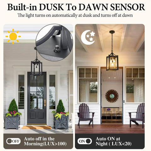 Straight Up Heavy Duty Outdoor Pendant Light With Automatic Dusk To Dawn Sensor 18.5 Inch showcasing its sensor features on a porch.