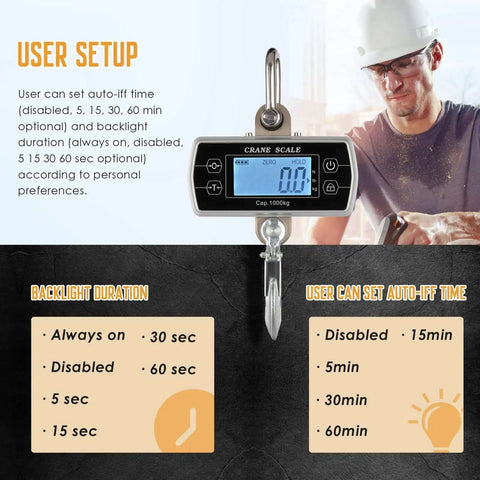 Digital Crane Scale 2200 Pound Capacity Heavy Duty Hanging Scale For Farms And Wild Game Weighing Portable Hoist With Four Units Kg Lb N And Custom Unit Upgraded Sensor Industrial Grade shown with user setup options