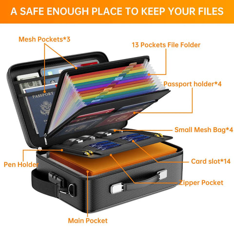 Open view of Fireproof Document Box With Lock And Hard Shell Organizer For Home Office And Travel, highlighting compartments
