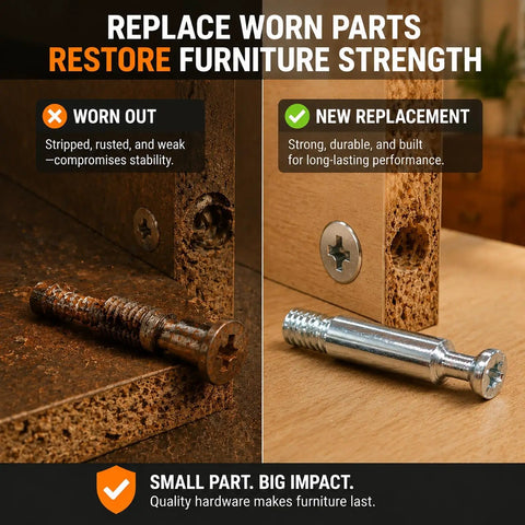 Comparison of rusty bolt with new 10 Pcs 35mm Cam Bolts for Furniture Assembly and Repair M6 Cam Connector Bolts