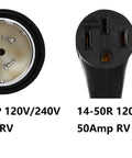 NEMA SS2-50P To 14-50R 120V/240V 50 Amp Power Cord Adapter For Marine Shore Twist Lock Includes Sealing Ring Converts 50 Amp Male To 4 Prong Female Outlet For Generator Welder RV Dryer Or Camper Use showing SS2-50P and 14-50R ends