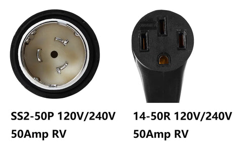 NEMA SS2-50P To 14-50R 120V/240V 50 Amp Power Cord Adapter For Marine Shore Twist Lock Includes Sealing Ring Converts 50 Amp Male To 4 Prong Female Outlet For Generator Welder RV Dryer Or Camper Use showing SS2-50P and 14-50R ends