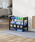 Two Tier 20 Inch Dumbbell Rack With Adjustable Bar Width That Fits Dumbbells Kettlebells And Plates Built Tough Steel Holds Up To 250 Pounds in home gym setup