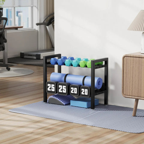 Two Tier 20 Inch Dumbbell Rack With Adjustable Bar Width That Fits Dumbbells Kettlebells And Plates Built Tough Steel Holds Up To 250 Pounds in home gym setup