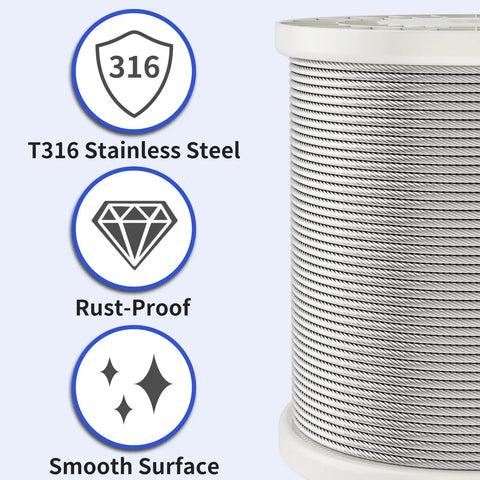 1/8 Inch Stainless Steel Cable 450 Ft T316 For Deck Railing With 7x7 Wire Rope Construction spool with T316 features