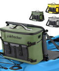 Waterproof Kayak Cooler Bag With Seat Back Design, green portable ice chest on kayak with lawn chair style seat, leakproof insulated cooler keeps food and drinks cold for up to 16 hours.