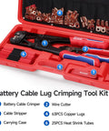 All In One Battery Cable Lug Crimping Tool Kit For 8 To One Zero AWG With 63 Copper Lugs And 25 Heat Shrink Tubes Wire Cutter And Stripper One Hand Adjustable Crimp Tool For Copper And Aluminum Cables in red carrying case, showing tools and accessories inside.