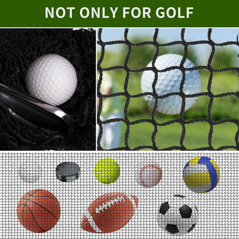 Variety of sports balls behind Backyard Practice Net With Durable Nylon Rope, 10x10 Ft Heavy Duty Ball Netting For Baseball, Soccer, Hockey And More Sports, Safe Hitting Net For Multi Sport Training At Home.