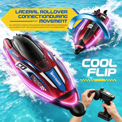 LED Light RC Boat With Dual Brushless Motors, 2 Batteries, 25 KMH Dope Fast Remote Control Racer performing rollover maneuver