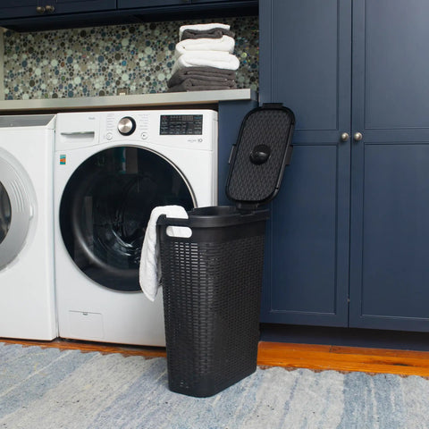 Slim 40L Laundry Hamper With Lid For Tight Spaces Narrow Tapered Design With Ventilated Cutout Pattern For Airflow Durable Plastic Black