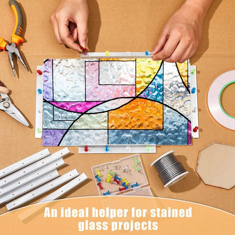 Premium 10 Piece Six Inch L Shaped Layout Block System For Stained Glass Panels With Assorted Colored Push Pins To Nail Your Designs And Keep Everything Squared Away in use for a stained glass project.