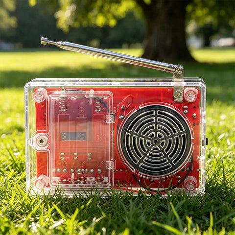 Hands On DIY FM Radio Soldering Kit For Electronics Learning Solder Practice Essentials Build A Functional FM Radio Speaker Beginner Friendly Kit With English Instructions And Easy Assembly showcasing clear casing and antenna on grass