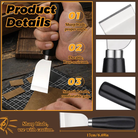 Close-up of stainless steel skiving knife from 7 Piece Leather Knife Set With Four Edge Bevelers, One Cutting Knife And Two Burnishers