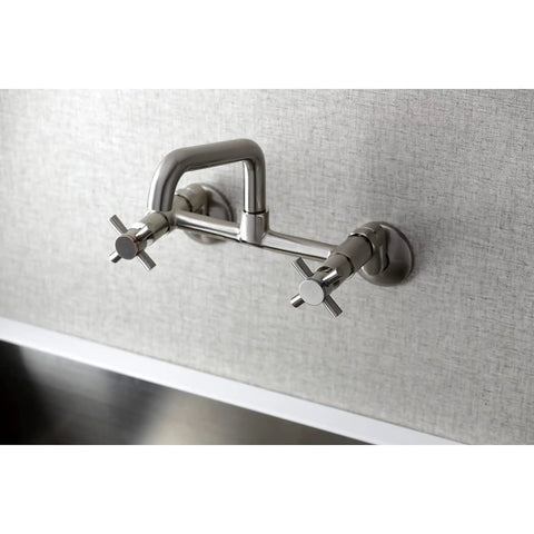 No-Drip Two-Handle Wall Mount Kitchen Faucet In Brushed Nickel, Solid Brass, Adjustable Center Span From About Five To Ten Inches.