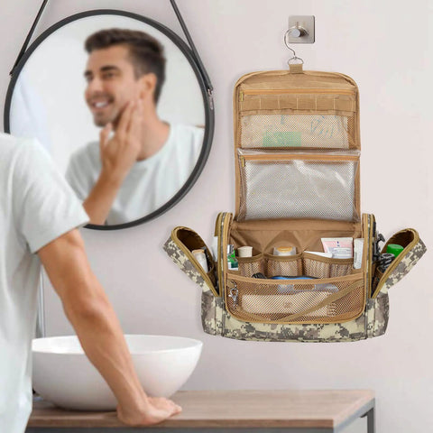 Desert Yellow Hanging Dopp Kit For Men The Ultimate Travel Toiletry Bag with hook open, showing compartments and grooming items inside.