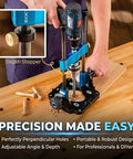Handy Drill Guide For Hand Drills Portable Drill Press Adapter With 0 To 60 Degree Adjustable Angle Protractor Chuck Key in use on wood
