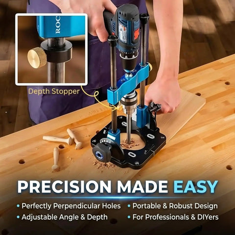 Handy Drill Guide For Hand Drills Portable Drill Press Adapter With 0 To 60 Degree Adjustable Angle Protractor Chuck Key in use on wood
