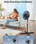 16 Inch Pedestal Floor Fan With 90 Degree Oscillation Three Speed Settings Adjustable Height in living room with sofa and dog