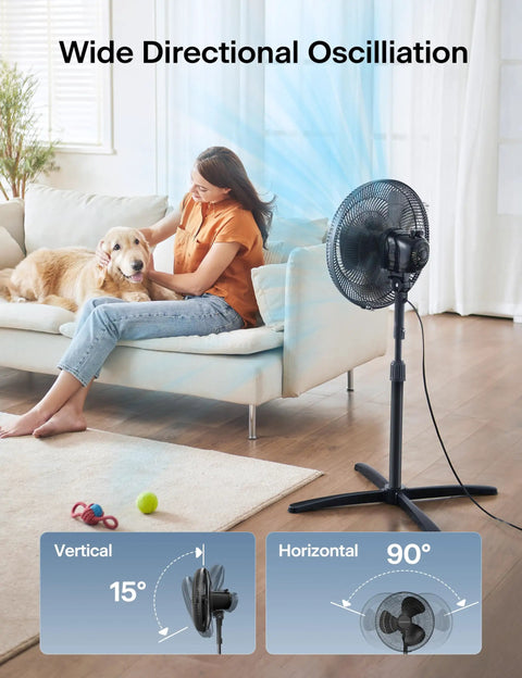 16 Inch Pedestal Floor Fan With 90 Degree Oscillation Three Speed Settings Adjustable Height in living room with sofa and dog