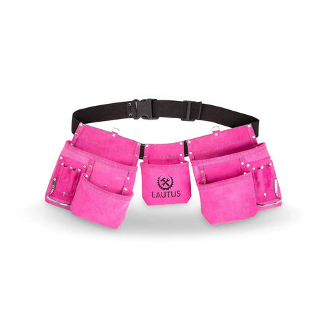 Pink Genuine Leather Tool Belt Pouch Bag For Carpenters And Electricians With 11 Pockets And 2 Steel Hammer Holders