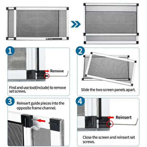 Illustrated instructions for assembling the Expandable Window Screen 2 Pack Adjustable Fit For Double Hung Windows 18 Inches High And 25 To 49 Inches Wide With Frame Durable Replacement Screen For A Breezy Bug Proof Comfort.