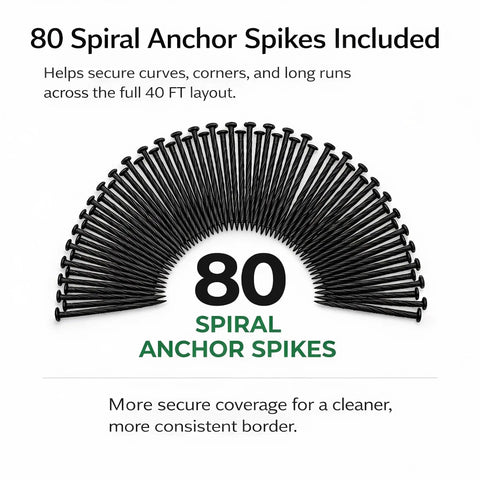 80 spiral anchor spikes from the No Dig Landscape Edging Kit 40 Ft By 2 In Flexible Black Lawn Border with connectors.