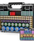 Big Ol Ultra Large Double Sided Battery Organizer Case With Tester And Handle Stores AA AAA C D 9V Lithium 18650 And More 262 Plus Capacity BT 168 Battery Checker, black plastic