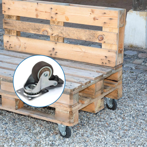 Set Of Four 1-1/2 Inch Low Profile Swivel Casters With Locking Brakes Quiet TPR Rubber Wheels installed on wooden pallet