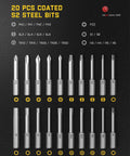 Top Shelf Electric Screwdriver With Pivoting Handle And Crisp Digital Torque Display Featuring Eight Precise Settings For Laptop Repair And Diy Tasks That Deliver Knockout Precision Every Time, showing 20 pcs coated S2 steel bits