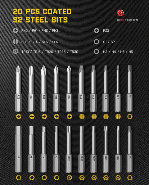 Top Shelf Electric Screwdriver With Pivoting Handle And Crisp Digital Torque Display Featuring Eight Precise Settings For Laptop Repair And Diy Tasks That Deliver Knockout Precision Every Time, showing 20 pcs coated S2 steel bits