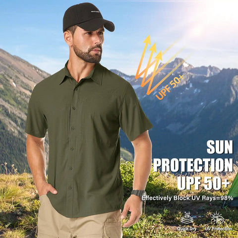 Moisture Wicking Quick Dry Safari Shirt For Men With UPF 50 Sun Protection Short Sleeve Hiking Camping Shirt Olive Green XXL