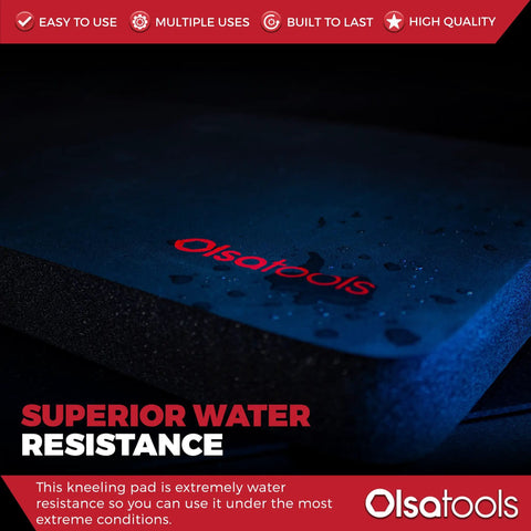 Close-up of Mechanic Kneeling Pad With Thick High Density Foam showing water resistance with Olsatools logo, 18x11x1 inches.