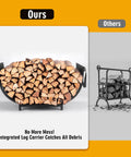 Curved Firewood Rack For Indoor And Outdoor Use, Heavy Duty Metal Log Holder With Detachable Haul Bag, Waterproof And Rustproof Wood Storage Stand For Fireplace Or Fire Pit, 30 Inch Curved Frame loaded with firewood.