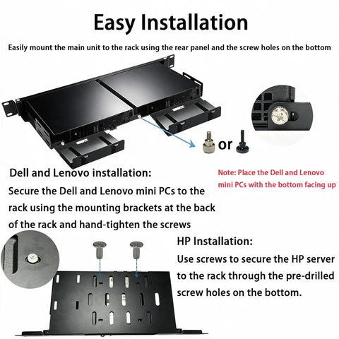 Heavy Duty Double Stack 19 Inch 1U Rackmount Bracket For Mini Pc Server Enclosure with easy installation guide for Dell and Lenovo PCs.